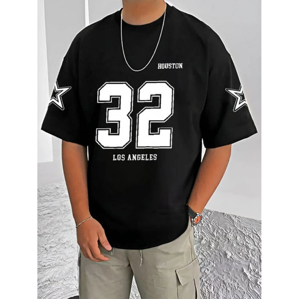 Men's Casual Cotton Blend Printed Round Neck Half Sleeve T-Shirt (Black)