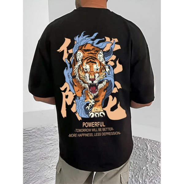 Men's Casual Cotton Blend Printed Round Neck Half Sleeve T-Shirt (Black)