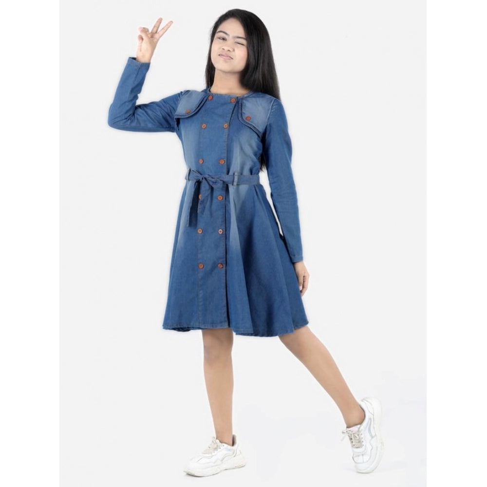 Girl's Denim Solid Long Sleeve Round Neck Dress (Blue)