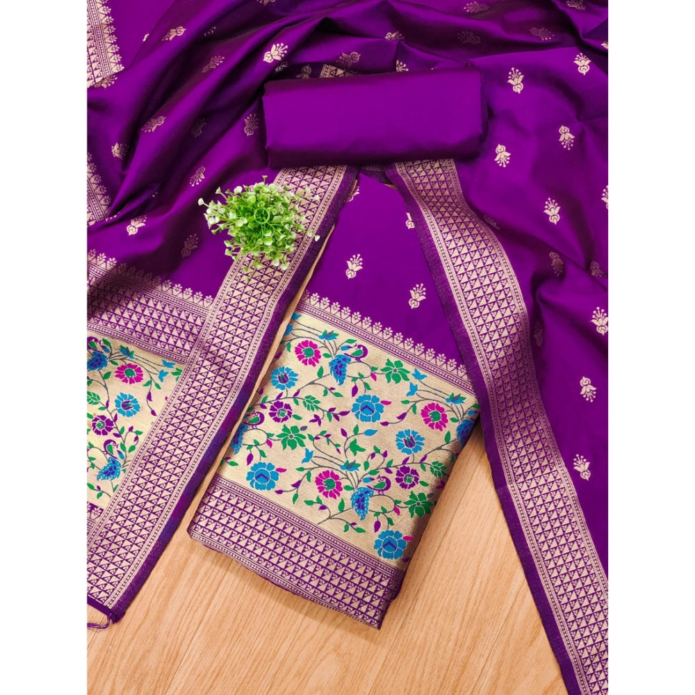 Women's Banarasi Silk Printed Unstitched Salwar Suit Material With Dupatta (Purple, 3Mtrs)