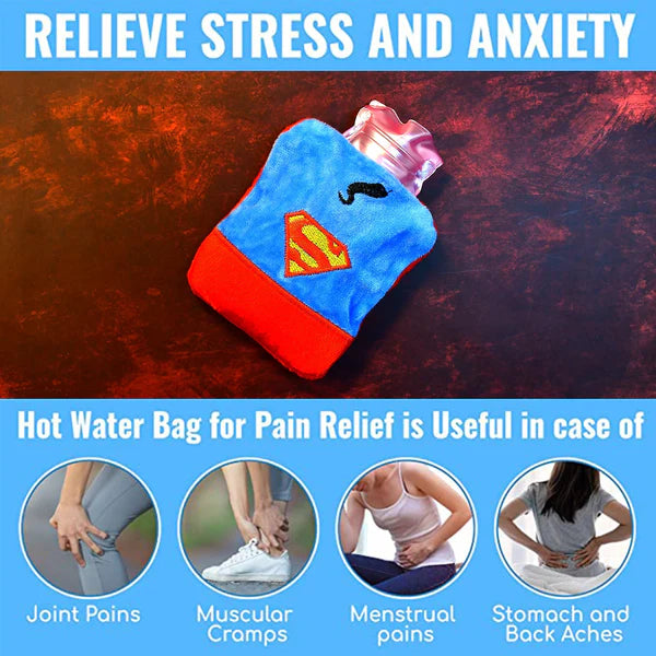 Superman Print Small Hot Water Bag With Cover For Pain Relief Neck Shoulder Pain And Hand Feet Warmer Menstrual Cramps. - 6530