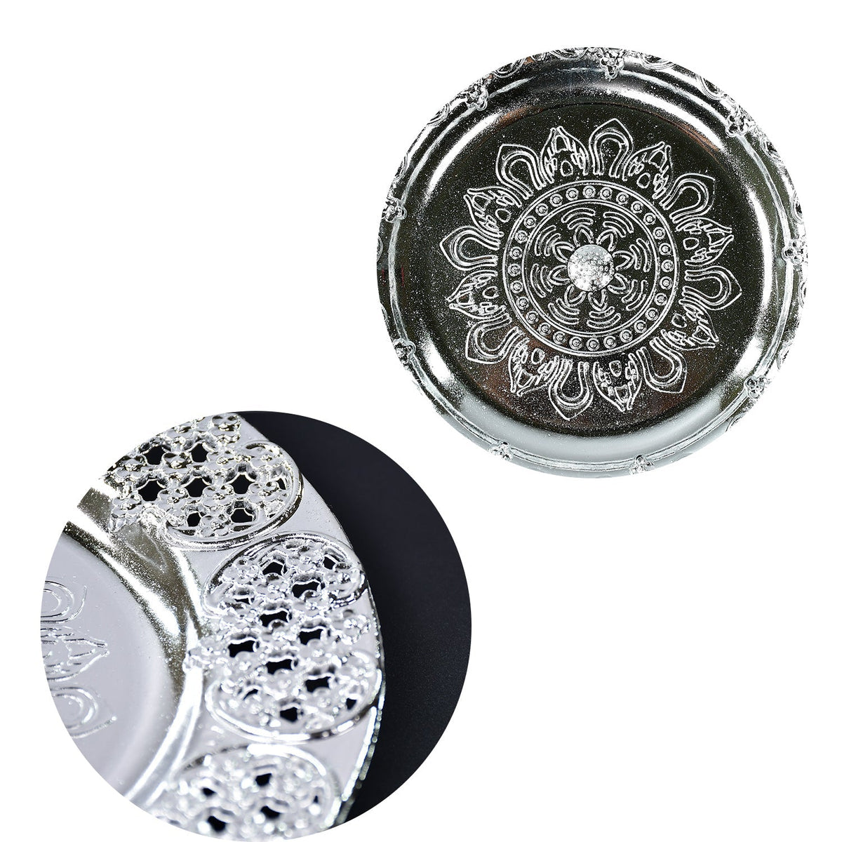 A close-up of the silver-colored plastic pooja thali's embossed center and a magnified view of its intricate filigree border.