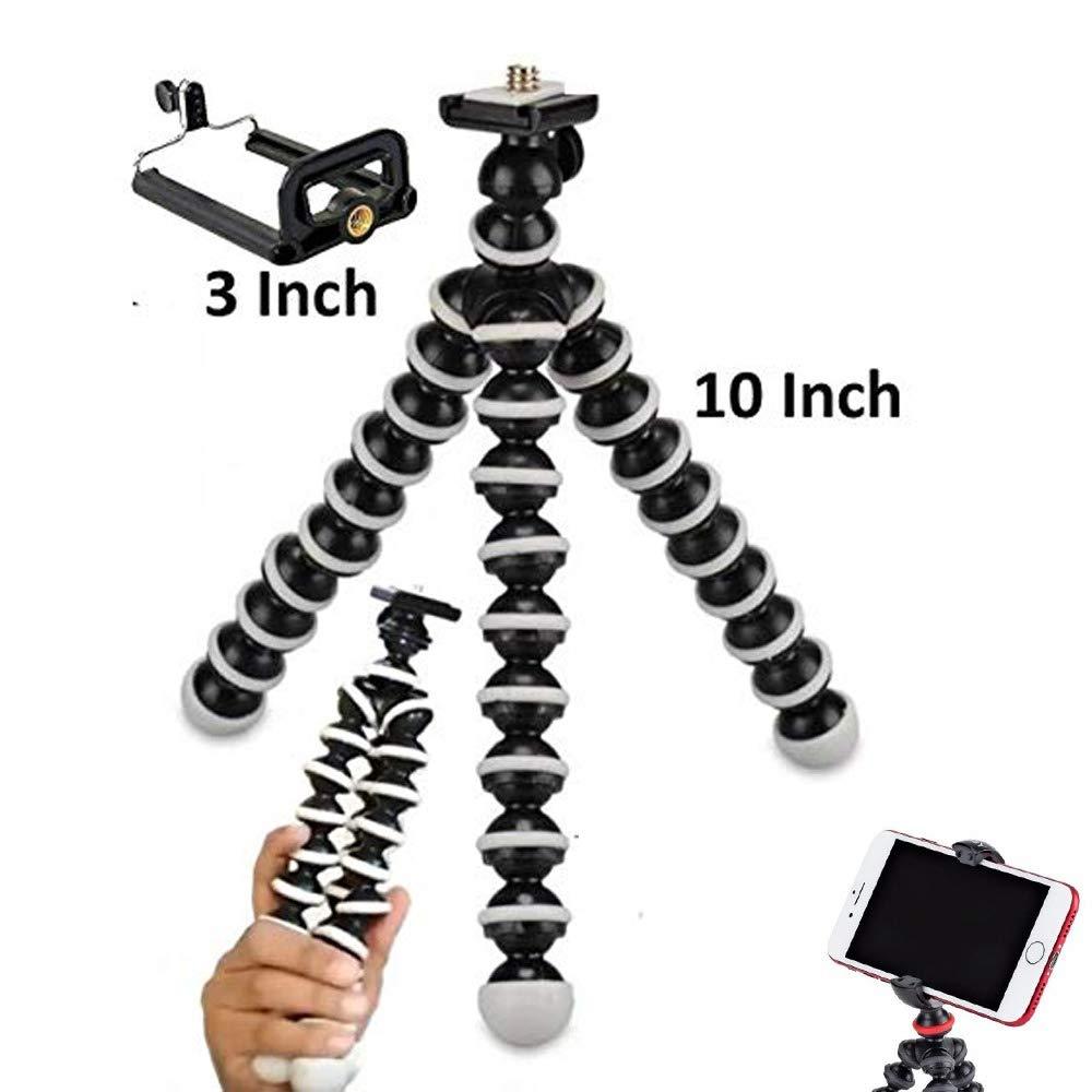 A collage showing a 10-inch flexible tripod, a 3-inch phone mount, a hand holding a smaller flexible tripod, and a phone on