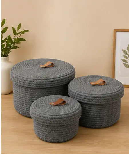 Sara Enterprises Cotton Rope Storage Baskets with Lids (Set of 3) | Round Woven Jute Organizer Baskets for Home & Kitchen