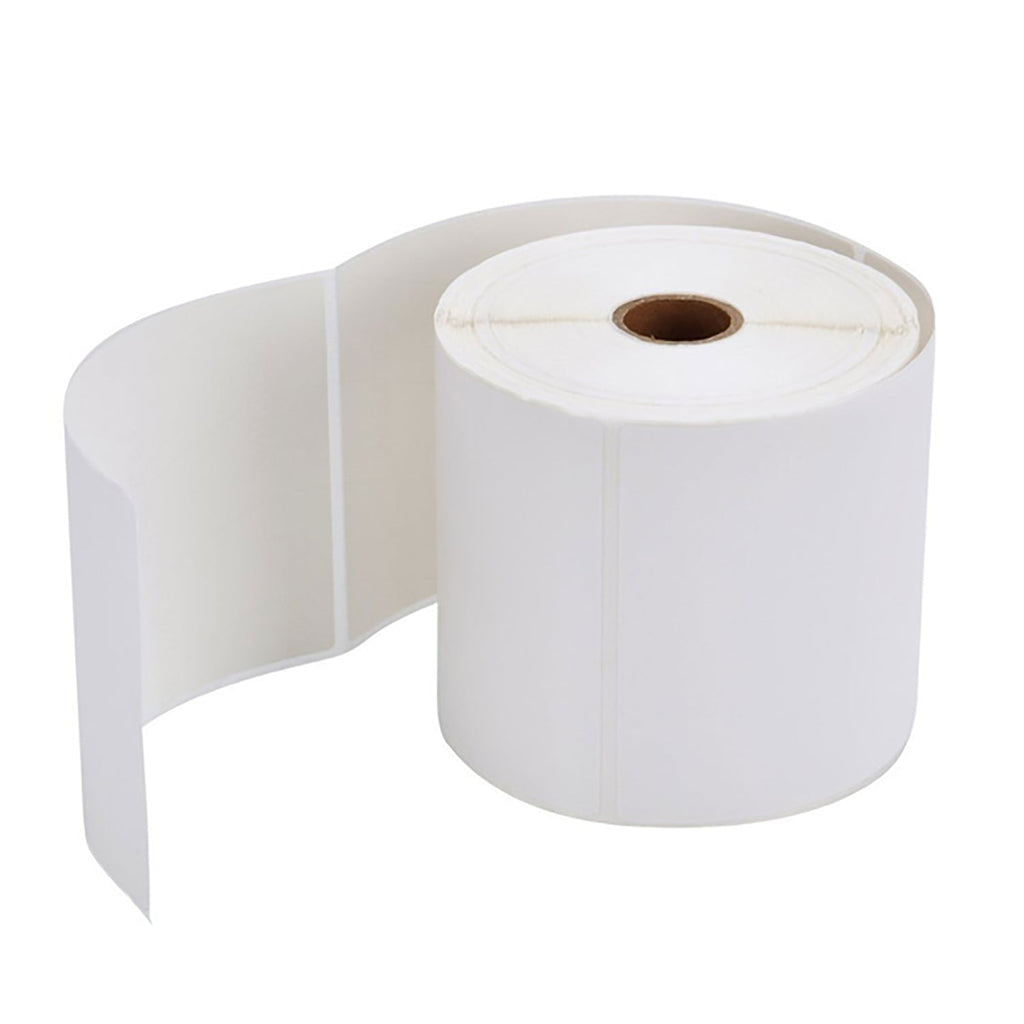 A roll of white thermal labels with a brown core, with a long section of blank labels unrolling to the left.