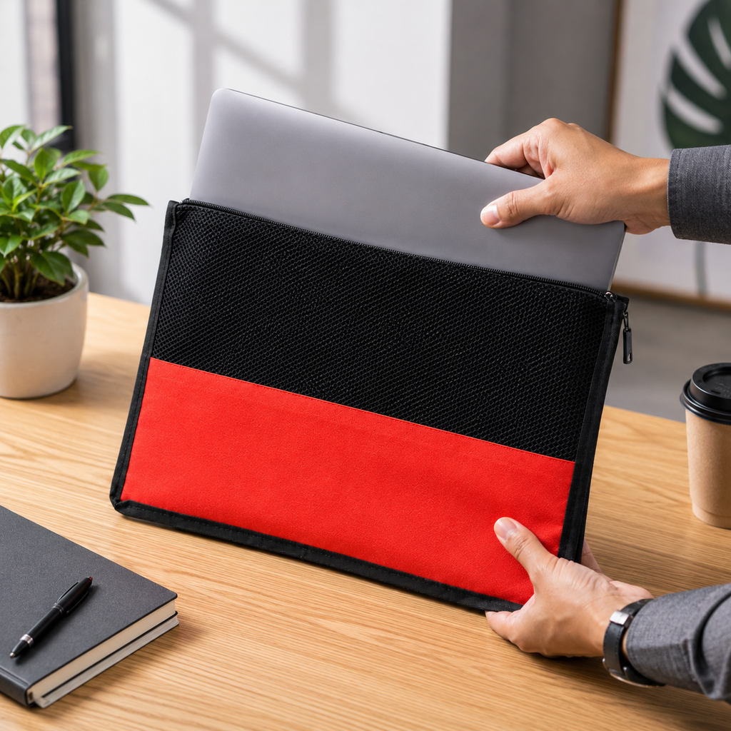 Hands slide a silver laptop into a black and red mesh laptop sleeve on a wooden desk.