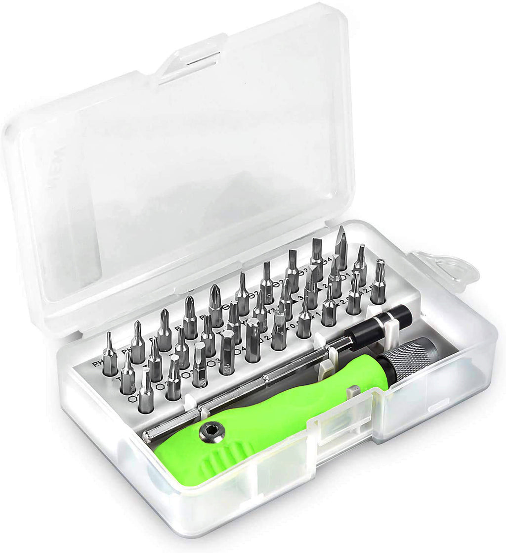 Close-up of the magnetic flexible extension rod and screwdriver handle, highlighting precision.