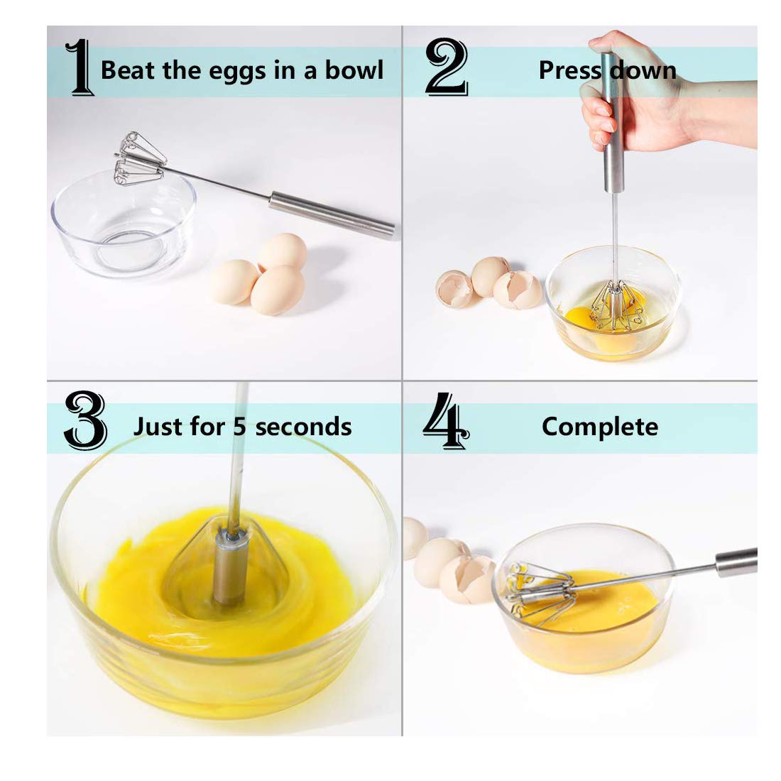A four-panel instructional image showing how to use the whisk to beat eggs in a bowl.