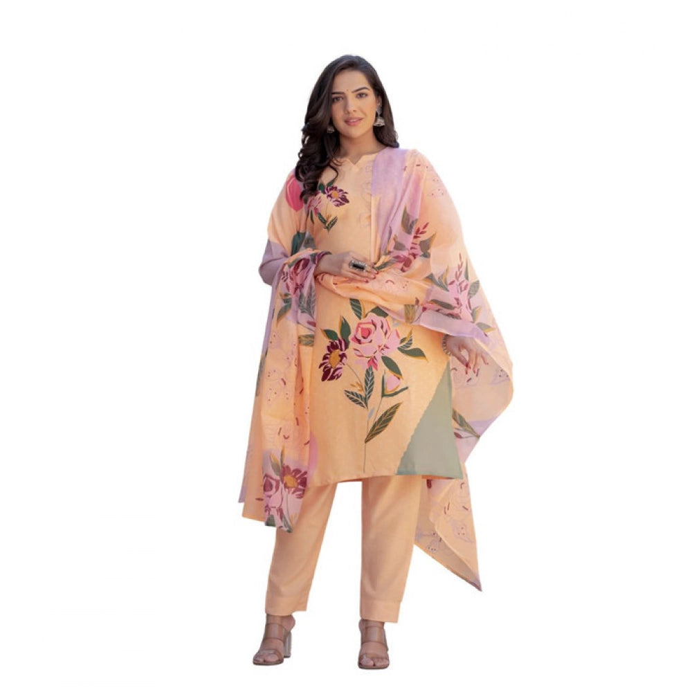 Women's Cotton Blend Printed Kurti With Pant Dupatta Set (Orange)
