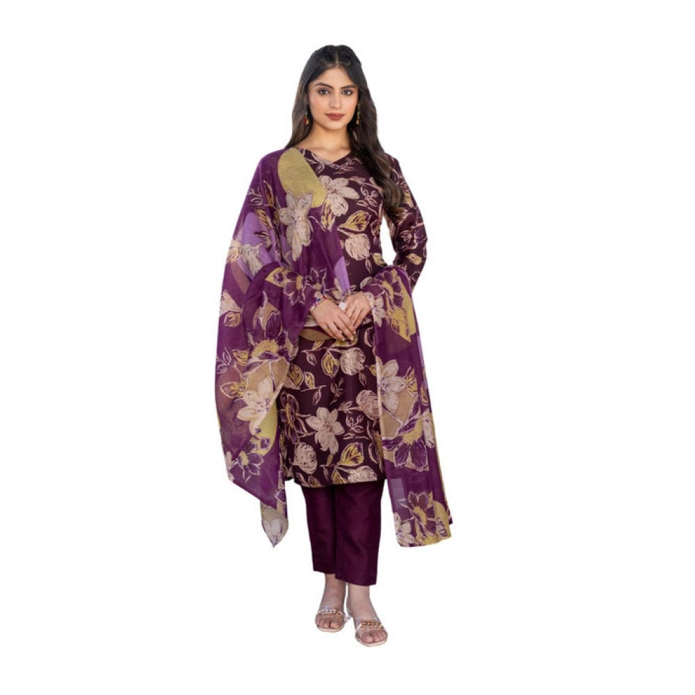Women's Cotton Blend Printed Kurti With Pant Dupatta Set (Purple)