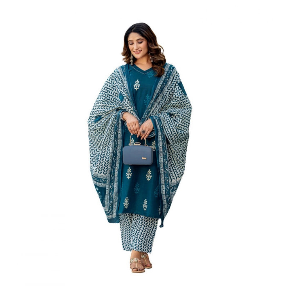 Women's Cotton Blend Printed Kurti With Pant Dupatta Set (Morpichh)