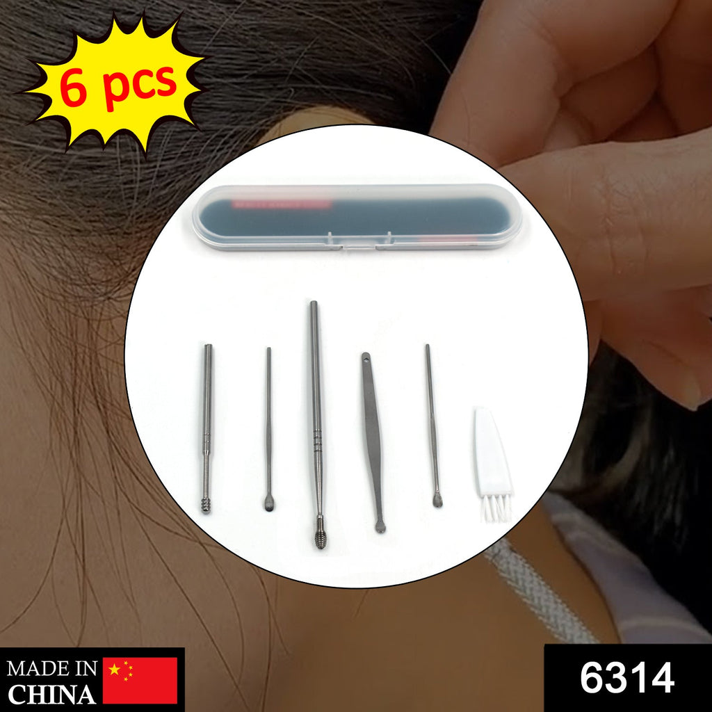 A close-up of an ear with a circular inset showing the 6-piece ear cleaning kit in its case.