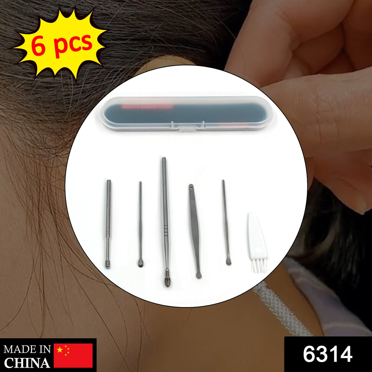 A close-up of an ear with a circular inset showing the 6-piece ear cleaning kit in its case.