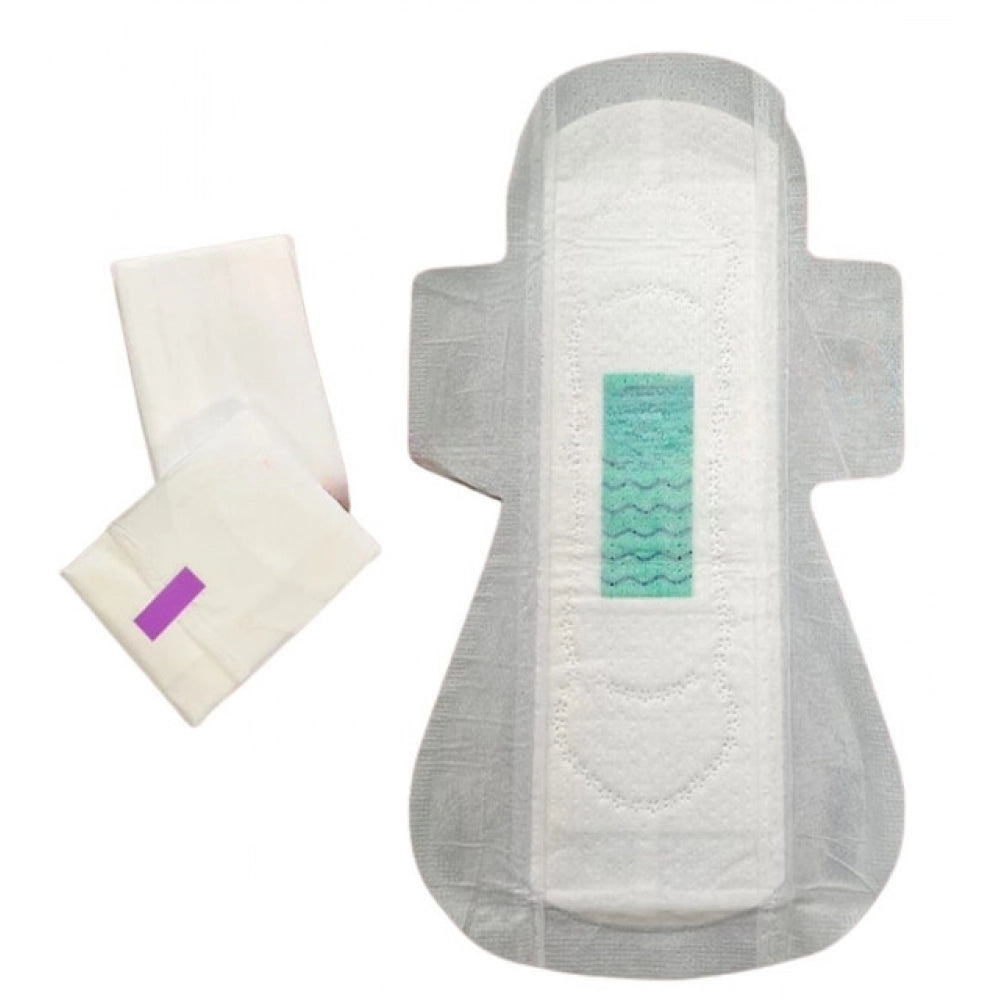Pack of_12 Pcs Cotton Green wave Anion Sanitary Pads with Wings (White)