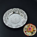 A silver-colored plastic pooja thali with a decorative embossed center and filigree border, with a small inset showing a
