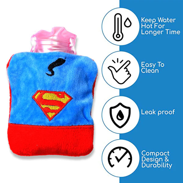Superman Print Small Hot Water Bag With Cover For Pain Relief Neck Shoulder Pain And Hand Feet Warmer Menstrual Cramps. - 6530