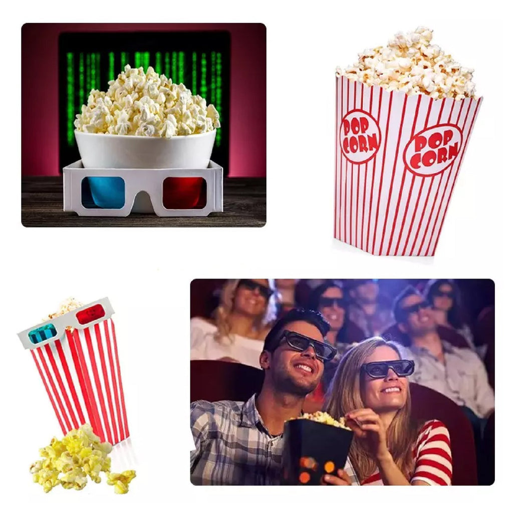 Collage of four images related to popcorn and movies, including bowls, boxes, and people watching a film.