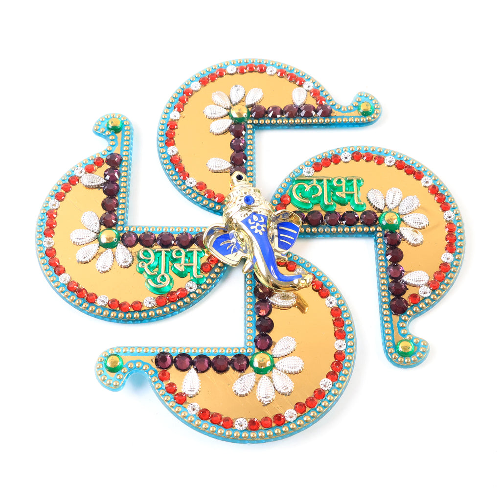 Golden Swastik Shubh Labh Wall Hanging With Ganesh Idol (1 Pc)