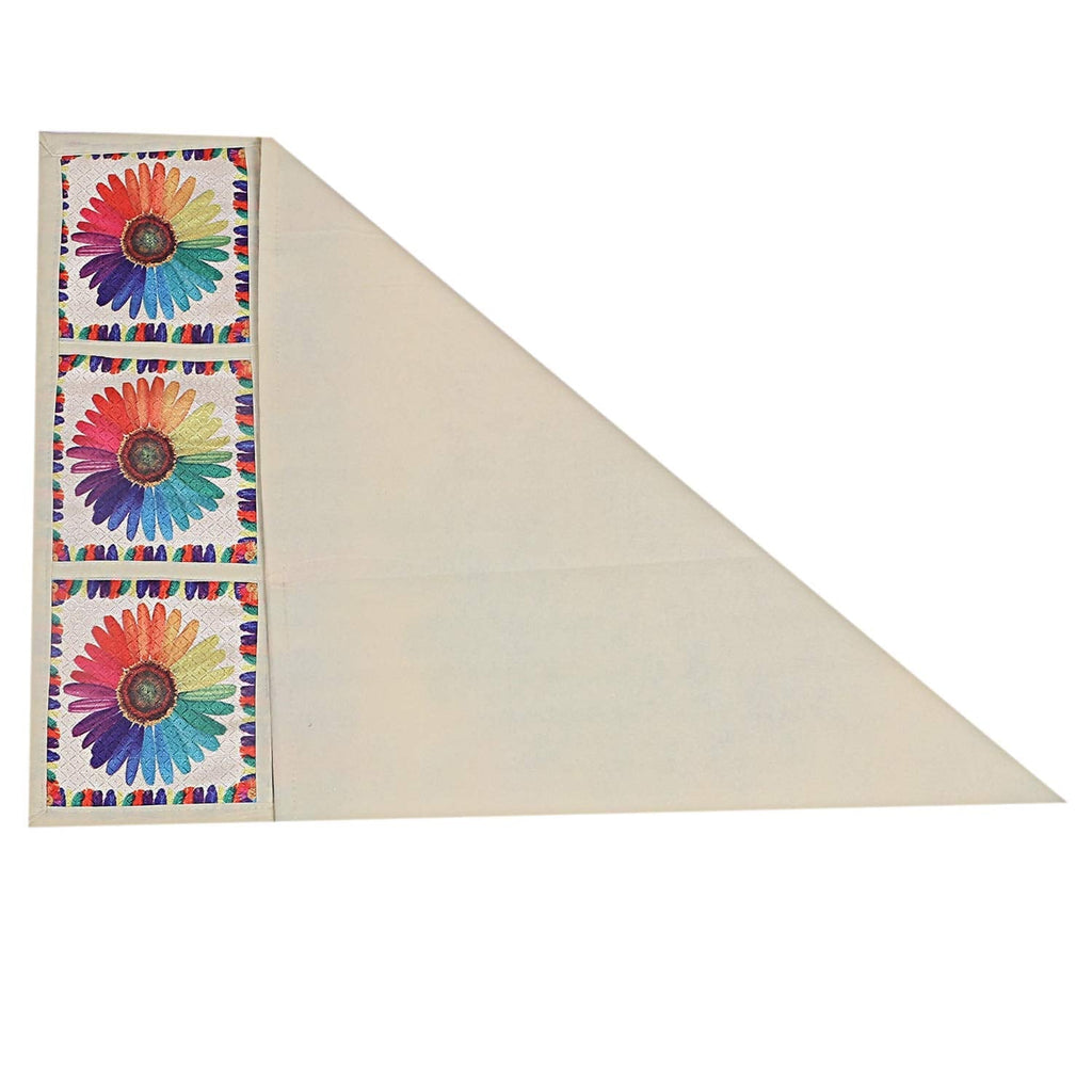A partially folded rainbow sunflower refrigerator top cover, revealing the plain cream underside and pocket design.