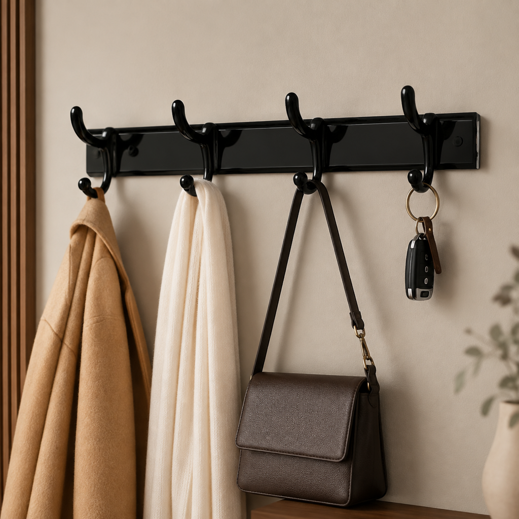 Black four-hook coat rack mounted on a light wall, holding a brown coat, white scarf, brown purse, and car keys.