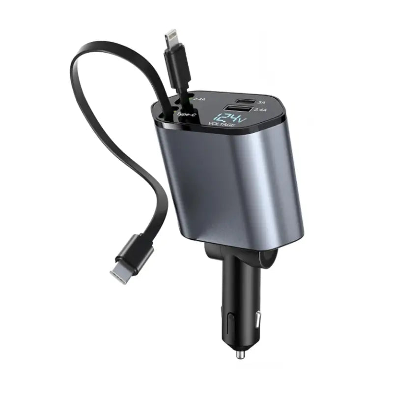 4-in-1 Car Charger – 120W Super Fast Charger with Dual Retractable Cables & USB Ports