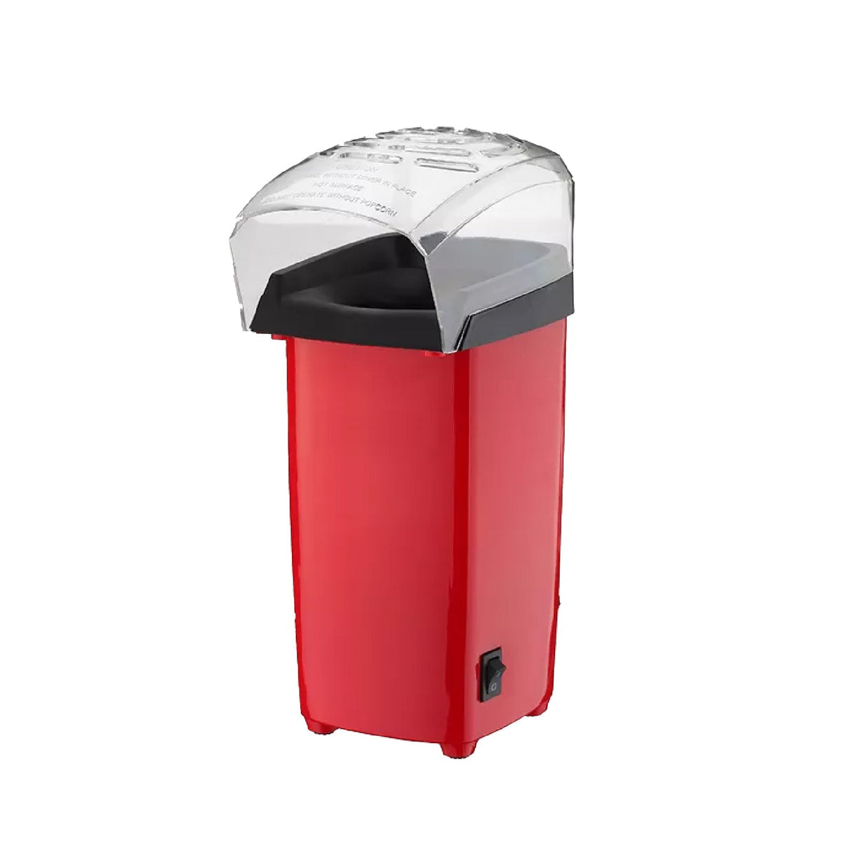 Red electric hot air popcorn maker with a clear top and black base on a white background.