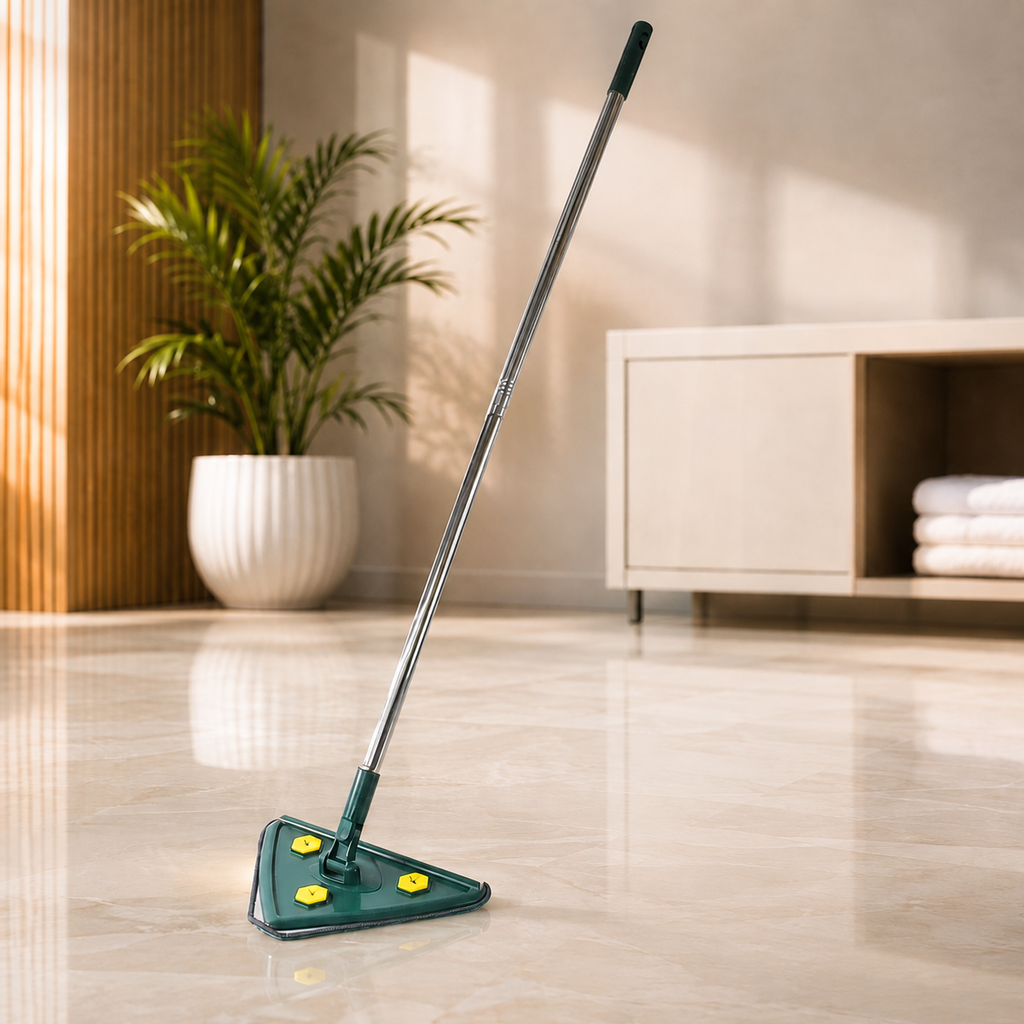 A green triangle mop with a silver extendable handle stands upright on a shiny tiled floor in a modern room.