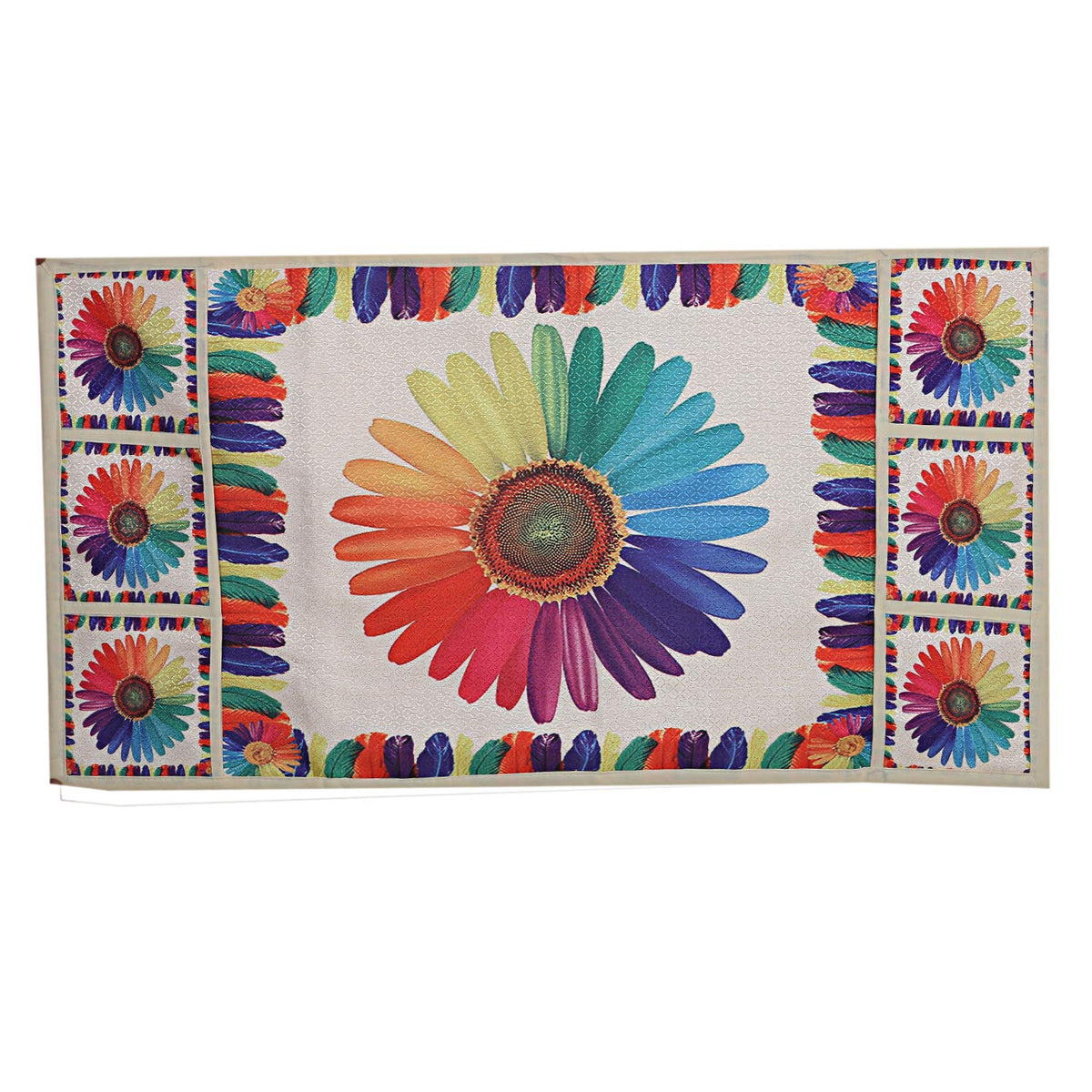 A flat lay of the rainbow sunflower refrigerator top cover, showing the full design and pocket layout.