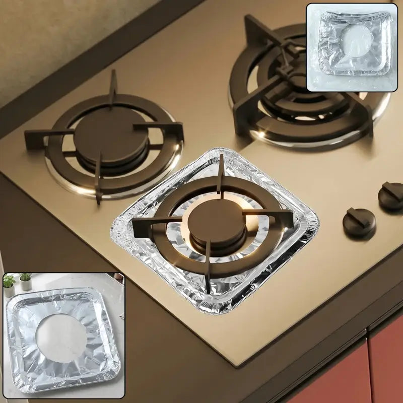 Aluminium Gas Stove Protector Covers – 10 Pc Disposable 23×23 cm | Kitchen Burner Spill & Grease Protection Sheets