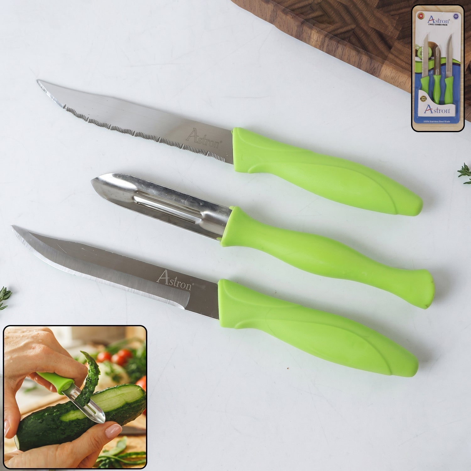 Premium Popular Stainless Steel Kitchen Knife And Peeler Combo Set (3 Pc)