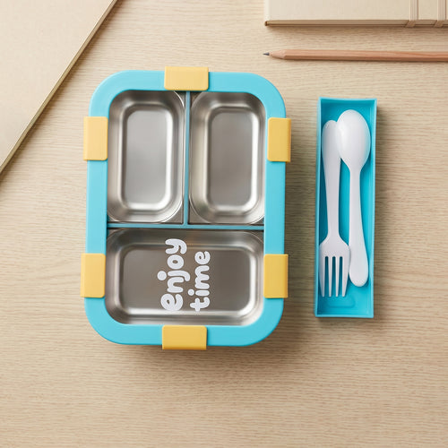Airtight 3 Compartment Stainless Steel Lunch Box With Spoon  Fork  600ml
