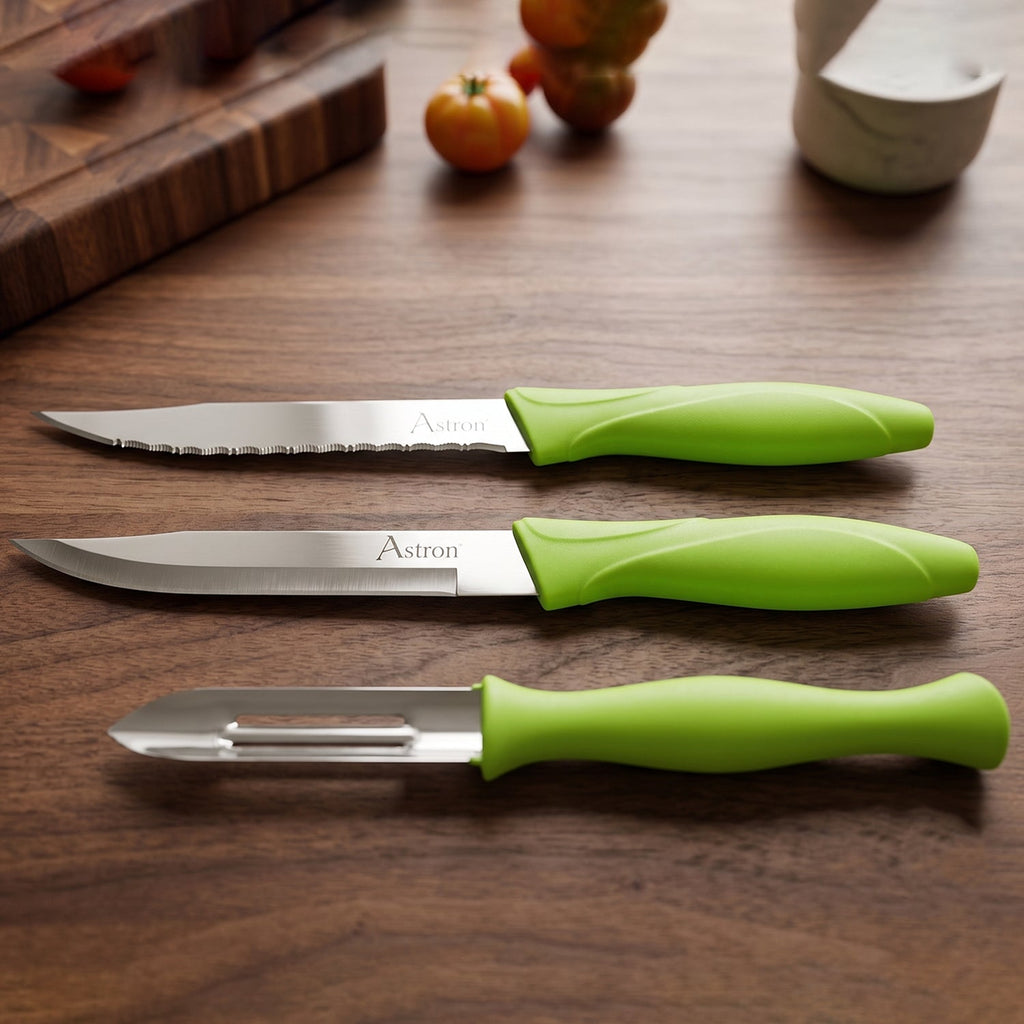 Premium Popular Stainless Steel Kitchen Knife And Peeler Combo Set (3 Pc)