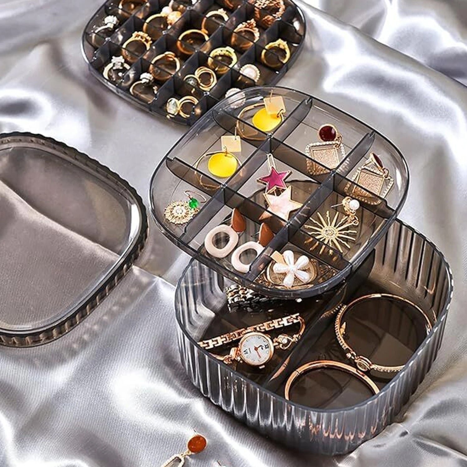 Plastic Multi-compartment Jewelry Organizer Box Stackable Ring Storage (1 Set)