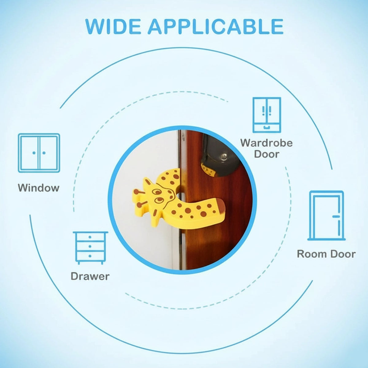 An infographic shows the giraffe door stopper on a door, with icons for window, wardrobe, drawer, and room door.
