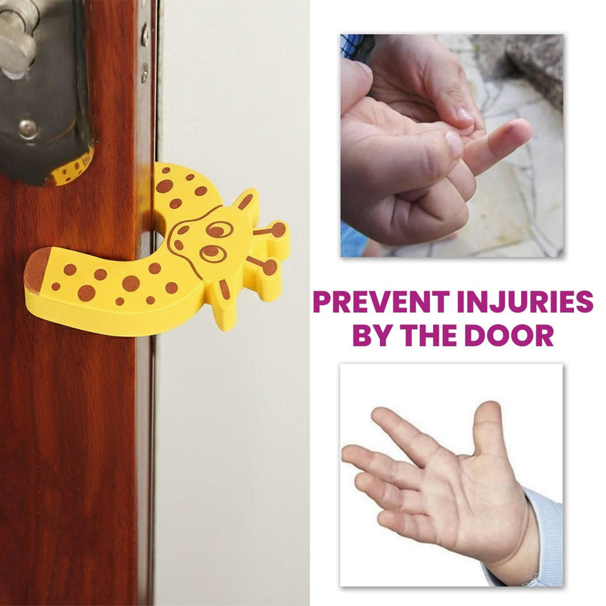 A giraffe door stopper on a door, with images of a child's injured finger and an open hand, illustrating injury prevention.