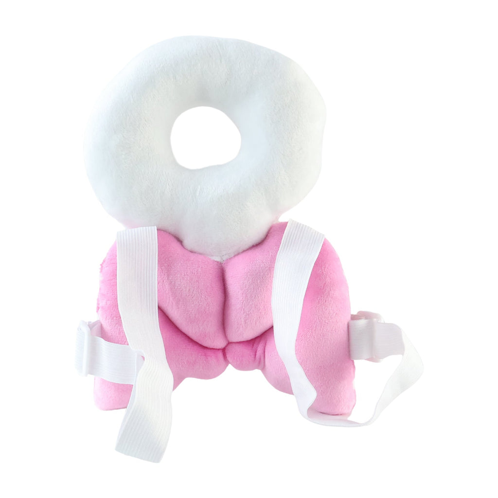 A pink and white head protector with angel wings is shown from the back on a white background, highlighting the straps.