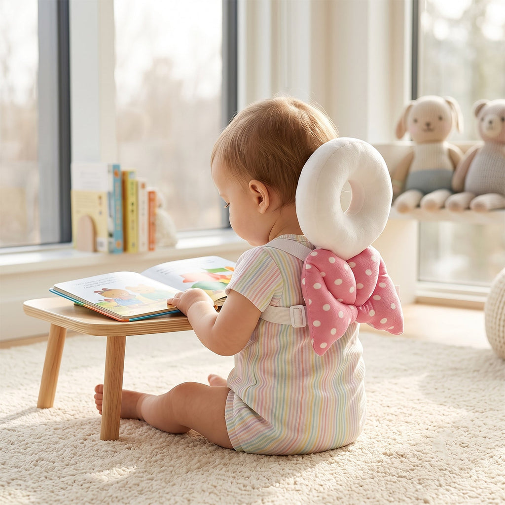 A baby wearing a pink and white polka dot head protector with angel wings sits on a rug reading a book, with teddy bears on