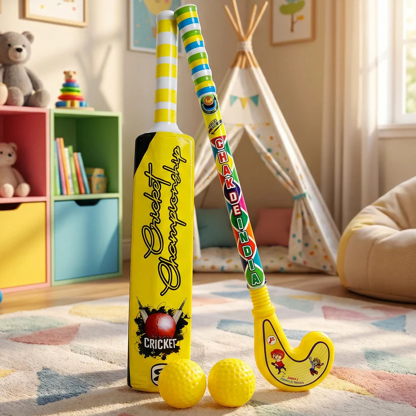 Combo Of Light Weight Plastic Bat Ball  Hockey For Kids