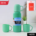Green Vacuum Flask Set  Stainless Steel Thermos With 3 Cups Approx 500ml