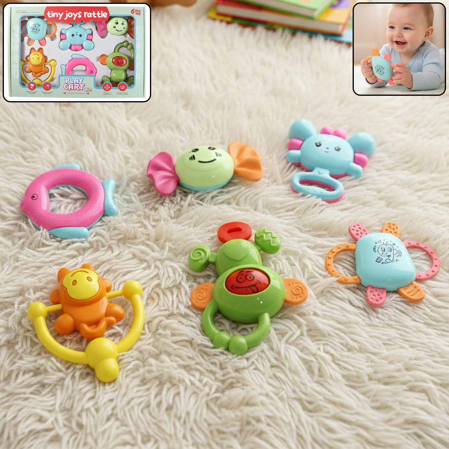 Play Cart Tiny Joys Rattle Toy Set  6-in-1 Baby Rattles