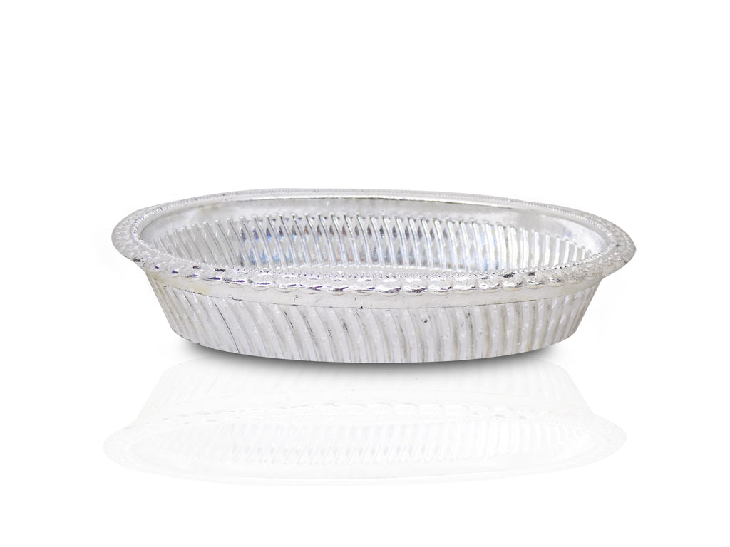 A silver oval decorative serving tray with a floral pattern on a white background, viewed from the side.