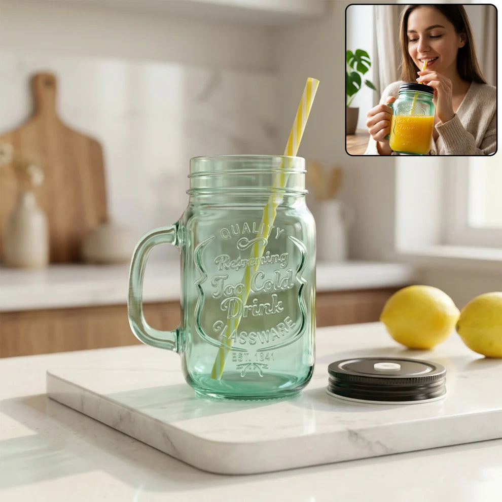 Drinking Cupglassmug Mason Jar With Handle  Straw - 760