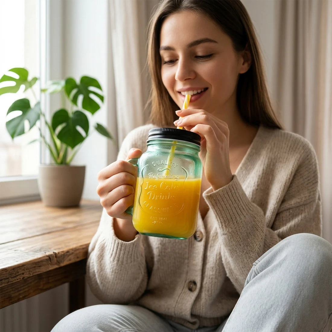 Drinking Cupglassmug Mason Jar With Handle  Straw - 760