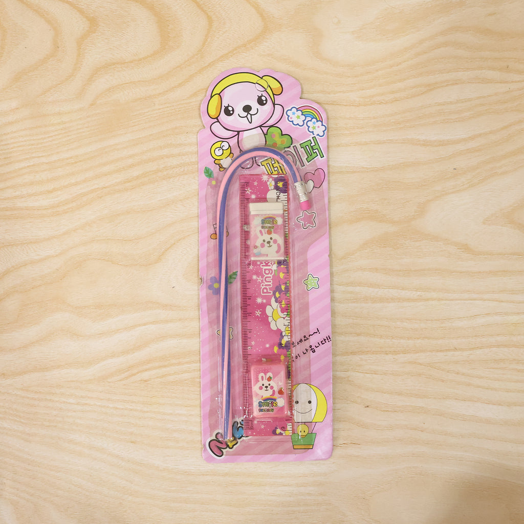 4-in-1 Cute Pink Stationery Set With Ruler Pencil Eraser  Sharpener
