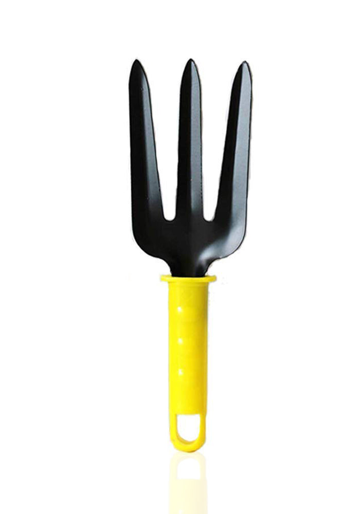 A single mini three-pronged fork with a black metal head and a yellow plastic handle is centered on a white background.