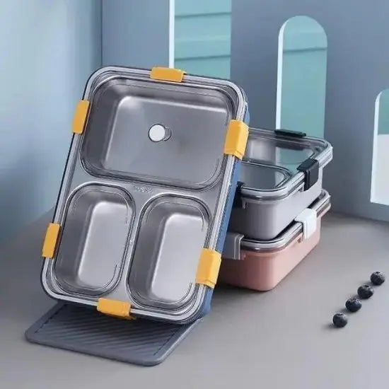 3 Compartment Stainless Steel Lunch Box – Leak-Resistant Food Storage Tiffin with Secure Locking Lid for School, Office & Travel