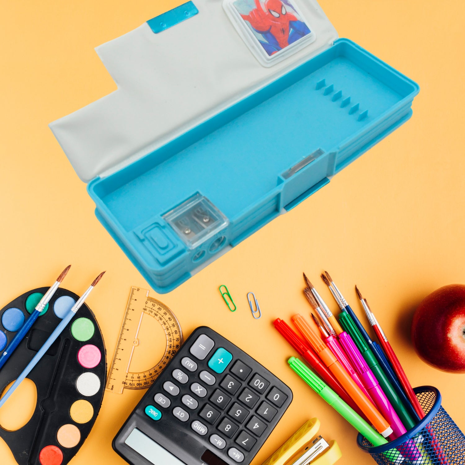 4260 Art  Stationery Cartoon Multi-functional Geometry Box For Boys With Inbuilt Calculator 2 Sides Open And Double Sharpener Stationery Kit Pencil Box For Boys Art Plastic Pencil Box  For Girls And Boys