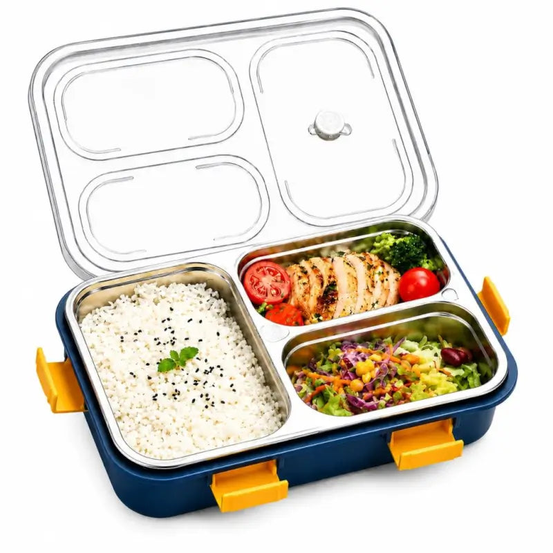 3 Compartment Stainless Steel Lunch Box – Leak-Resistant Food Storage Tiffin with Secure Locking Lid for School, Office & Travel
