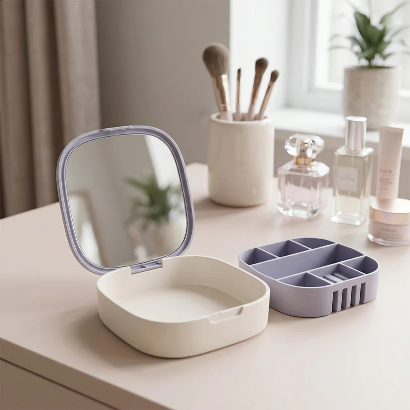 Plastic Jewelry Storage Box With Built-in Mirror  Multi-section (1 Pc)