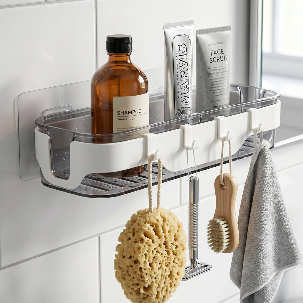 Stylish Bathroom Wall Shelf  1 Pc Multi-purpose Storage Organizer With Hooks